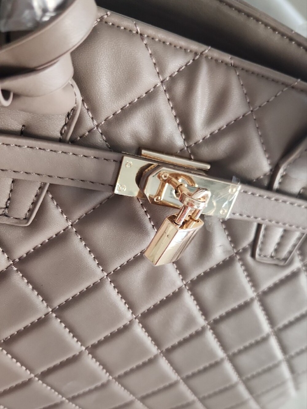 Badgley Mischka Quilted Taupe Satchel with Gold Hardware - Picture 2 of 11